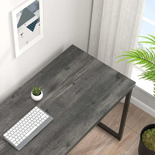 Miniatura 4 de EXCEFUR Escritorio moderno de oficina en casa, escritorio de computadora de madera y metal, mesa de estudio de escritura industrial para sala de Gris