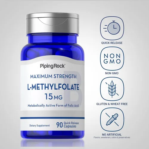Miniatura 3 de Piping Rock L Metilfolato 15 mg 90 cápsulas Potencia máxima Suplemento activo de ácido fólico Sin OMG, sin gluten