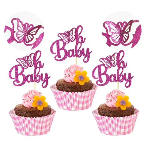 Miniatura 9 de Gyufise 24 piezas de decoración de mariposa rosa claro con purpurina Oh Baby Butterfly - Decoración de mariposa para baby shower Girl - Suministros