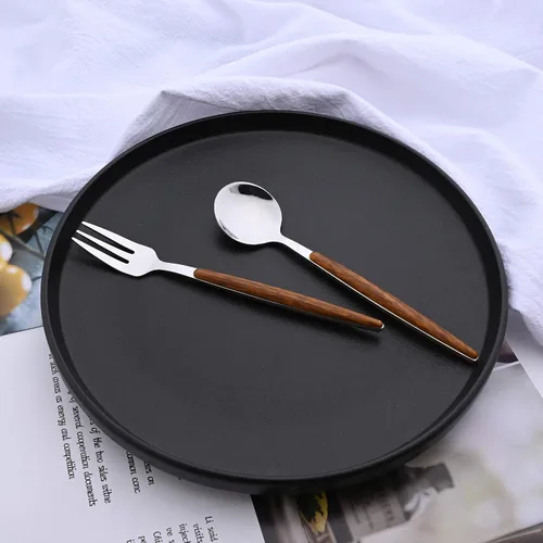 Miniatura 7 de Juego de cubiertos de acero inoxidable con mango de efecto de madera Cubiertos pulidos con espejo plateado, utensilios de cocina para el hogar