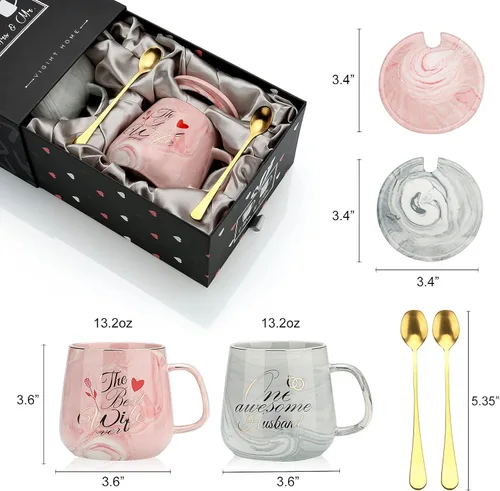 Miniatura 3 de Juego de tazas de café con texto en inglés "One Awesome Husband, The Best Wife Ever", regalo único de aniversario, compromiso, boda, para parejas