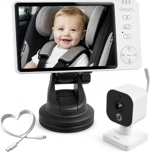 Miniatura 10 de Cámara inalámbrica para automóvil de bebé, visión nocturna automática IR HD 1080P, monitor de bebé giratorio de 360°, pantalla de 5 pulgadas zoom