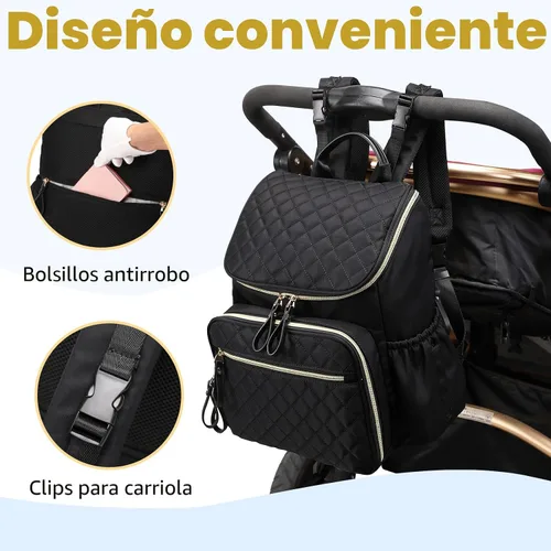 Miniatura 5 de LORADI Mochila ligera para pañales con clips para cochecito, bolsillos aislados, artículos esenciales para baby shower, color negro