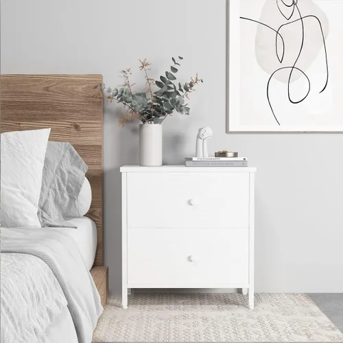 Miniatura 2 de BOLUO Mesita de noche blanca con 2 cajones para dormitorio, mesita de noche pequeña con cajones de tela, mesita de noche moderna