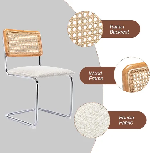 Miniatura 3 de Juego de 4 sillas de comedor de ratán modernas de mediados de siglo, sillas de cocina Boucle con respaldo de ratán de malla tejida a mano y patas