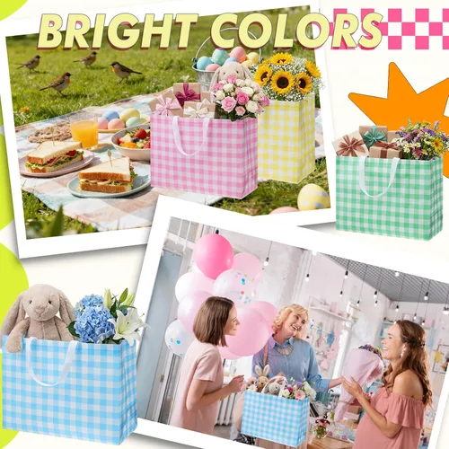 Miniatura 5 de Colarr 12 piezas bolsas de mano de Pascua extra grandes con asa, bolsa de regalo de primavera, no tejida, a cuadros búfalo, impermeable