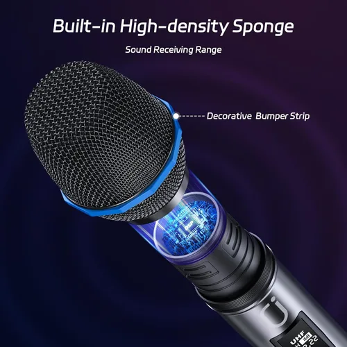 Miniatura 3 de JAUYXIAN Micrófonos inalámbricos U60, sistema de micrófono dual UHF con receptor recargable, micrófono de karaoke de metal para cantar, boda, DJ