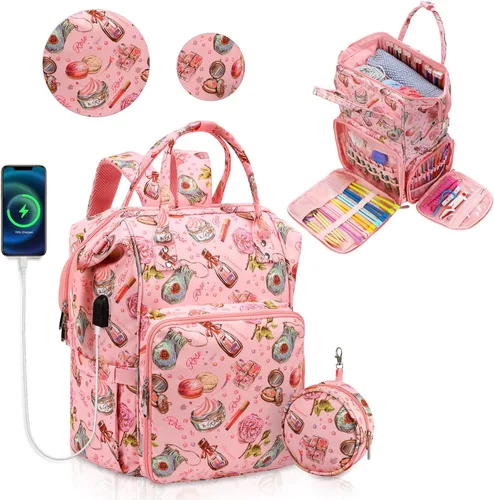 Miniatura 6 de Mochila organizadora de proyectos para tejer accesorios de suministros de ganchillo, bolsa organizadora de almacenamiento de hilo, bolsa Rosa & Gris