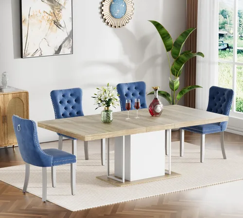 Miniatura 112 de Juego de mesa de comedor extensible de 5 piezas, juego de mesa de comedor extensible de estilo granja para 4, mesa de cocina expandible de madera