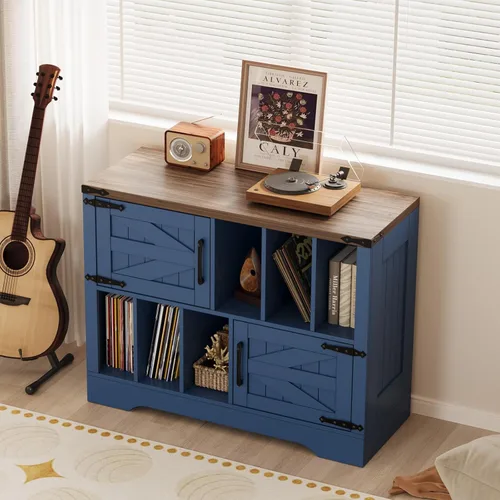 Miniatura 6 de GarveeHome Almacenamiento de discos de vinilo grande de 39 pulgadas, soporte para tocadiscos de madera de granja con armario de almacenamiento y 2