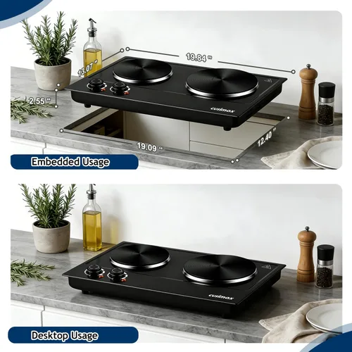 Miniatura 5 de CUSIMAX Placa caliente eléctrica de 1800 W, quemador doble de encimera para cocinar, quemador eléctrico portátil con control de temperatura Negro