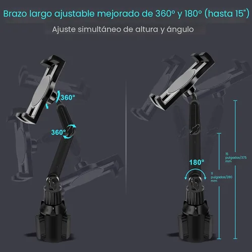 Miniatura 4 de Soporte para tablet con portavasos para coche, soporte ajustable de 360° de 15" de largo con 2 brazos para iPad Pro 12.9/11/10.5/9.7/Air/Mini 6/5/4