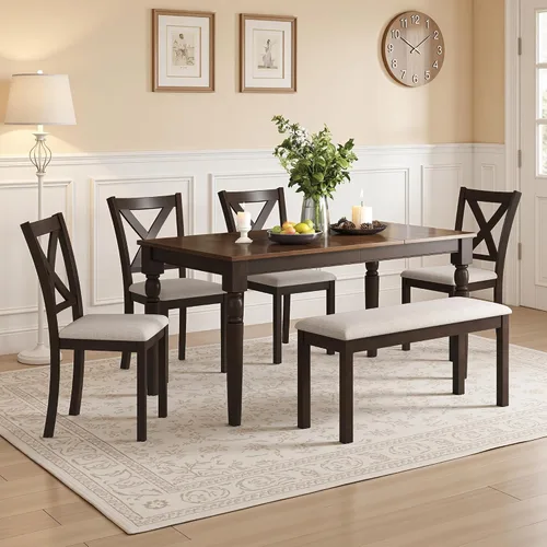 Miniatura 12 de LUXOAK Juego de mesa de comedor de madera maciza de 60 pulgadas para 6, mesa de cocina de granja con 4 sillas tapizadas y banco, 6 piezas de muebles