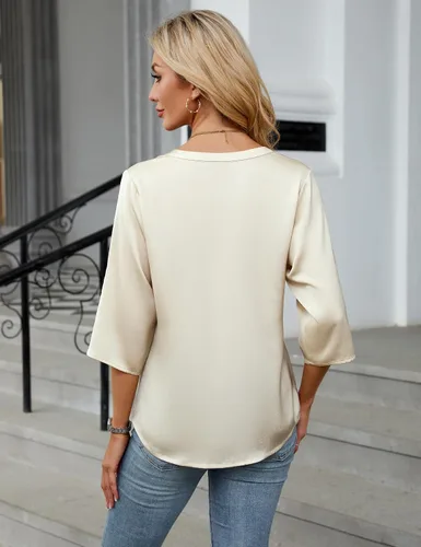 Miniatura 3 de Blooming Jelly Camisas con botones para mujer de manga 3/4, tops casuales elegantes, blusas de negocios de satén de seda plisado 2025