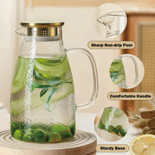 Miniatura 3 de Buaic - Jarra de vidrio con tapa y asa, 2 PAQUETES 68 oz/2 litros Diseño de flores vintage para refrigerador, jarra de agua de vidrio