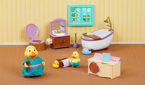 Miniatura 3 de Li'l Woodzeez – Juego de muebles para casa de muñecas – 2 figuras articulables – Juguete de casa de juegos de baño y lavandería – Juego de rol