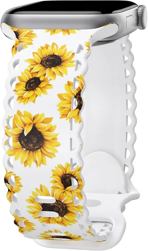 Compatible con Apple Watch Banda de 41mm 40mm 38mm 49mm 45mm 44mm 42mm para Mujeres, Correas Deportivas de Silicona Suave con Encaje Hueco y Girasol