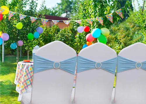 Miniatura 6 de Bandas para Sillas Azul Bebé Paquete de 100, Bandas para Sillas de Spandex Azul Claro para Boda Fiesta Cumpleaños Fundas de Sillas Plegables