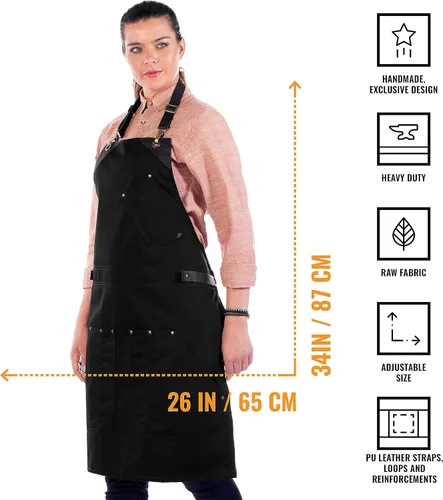 Miniatura 5 de Under NY Sky Delantal de barista, correas de cuero negro y refuerzo, bolsillos remachados, doble costura, lazo de anillo de cuero, sarga negra