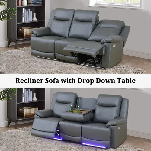 Miniatura 4 de Juego de sofá reclinable de 3 piezas, muebles de sala de estar, tapicería de cuero de aire, puertos de carga USB 2.0, tiras de luz LED, mesa