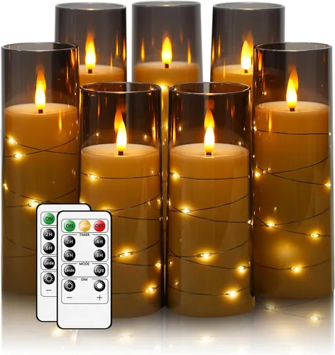 Miniatura 7 de Velas sin llama, con cadena de estrellas incorporada, velas operadas por baterías, velas LED parpadeantes, velas de pilar con control remoto