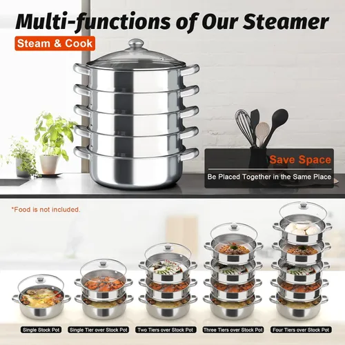 Miniatura 8 de Vaporizador de acero inoxidable para cocinar, juego de ollas al vapor de alimentos con tapa de vidrio y asa para albóndigas al vapor, tamales