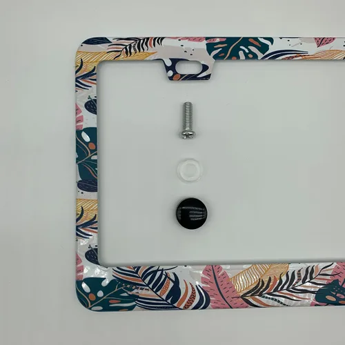 Miniatura 4 de Marco de placa de matrícula con hojas de palma, color rosa y azul, estilo bohemio, con temática hawaiana tropical, de acero inoxidable