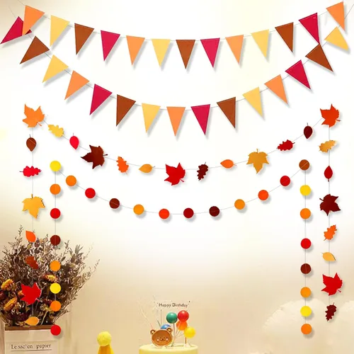 Miniatura 3 de Guirnalda de otoño con texto en inglés «Happy Felt Fall», «NO DIY», color naranja para Acción de Gracias, banderín colgante con serpentina, banderín