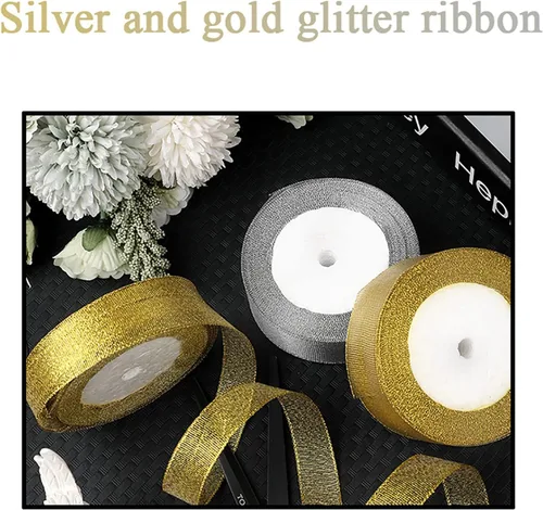 Miniatura 5 de YASEO Cinta de purpurina dorada de 1 1/2 pulgadas, 25 yardas de cinta de tela metálica brillante para envolver regalos, decoración de fiestas