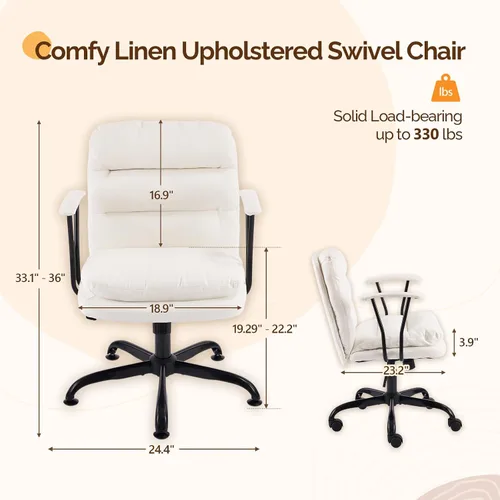 Miniatura 2 de VINGLI Silla de escritorio acolchada blanca con/sin ruedas, base doble, reposabrazos removibles, silla giratoria ajustable y cómoda para Blanco