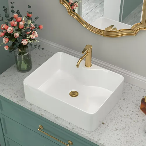 Miniatura 15 de Fregadero de baño de porcelana de cerámica rectangular de 24 x 14 pulgadas sobre mostrador, lavabo de arte blanco y negro