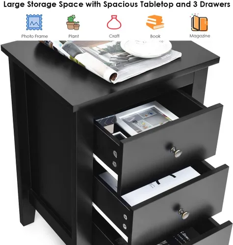 Miniatura 5 de Mesita de noche, mesita de noche con 3 cajones de almacenamiento, mesa auxiliar vintage para dormitorio, espacios pequeños, mesita de noche