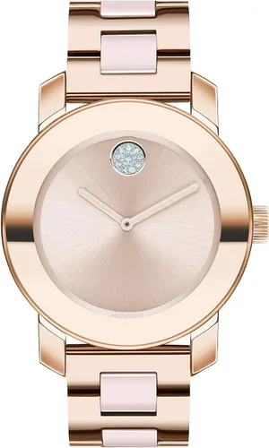 Movado - Pulsera y caja de acero chapado en iones de oro rosa pálido para mujer con eslabones centrales de cerámica rubor, oro rosa