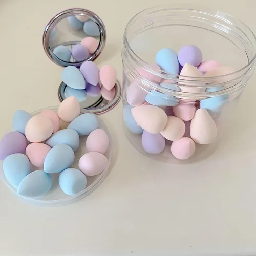 Miniatura 4 de 50 mini esponjas de maquillaje pequeñas y soplete de polvo con espejo de maquillaje, licuadora de belleza multicolor, esponja de maquillaje