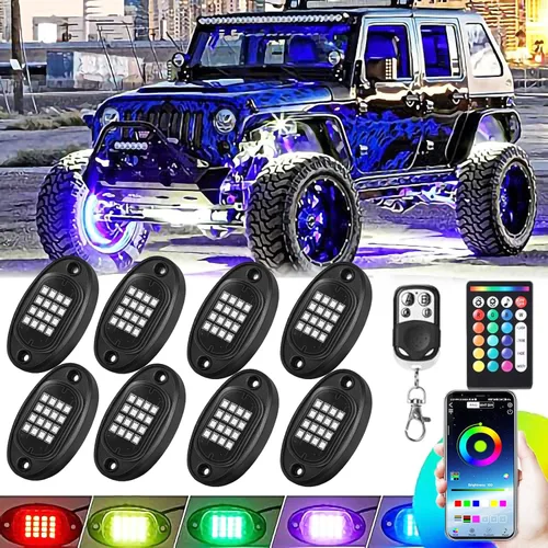 8 vainas RGB LED Rock Lights para Jeeps, camiones, carrito de golf, ATV, UTV RZR, SUV, todoterreno, kit impermeable multicolor con aplicación, modo