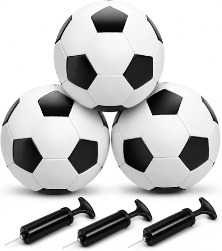 Miniatura 9 de Balón de fútbol de tamaño 2/3/4/5 con bomba y bolsa, pelota desinflada, paquete de 1, 2 o 3 unidades, color blanco y negro clásico, pelota de fútbol