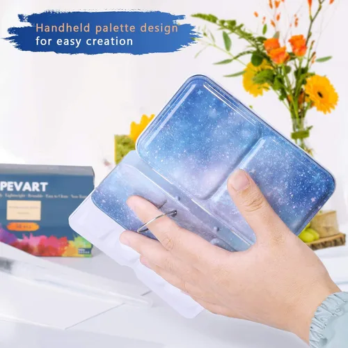 Miniatura 4 de PEVART Paleta de acuarela de lata de metal, Estuche vacío de pintura con 50 piezas de sartenes vacías y un lápiz de acuarela adecuado para paleta