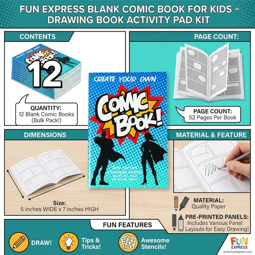 Miniatura 6 de Fun Express Libro de cómics en blanco para niños – Bloc de actividades de libro de dibujo con paneles y plantillas preimpresas Kit de cómo dibujar