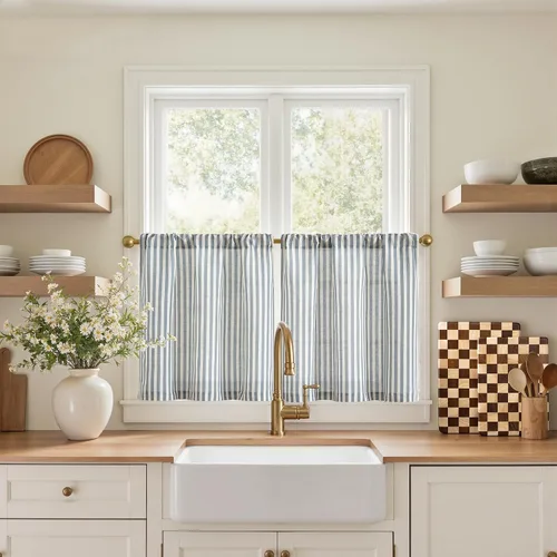 Miniatura 57 de jinchan - Cortinas de lino a rayas para cocina de 20 pulgadas de largo, cortinas de varios niveles, estilo granja moderna de café, tratamientos