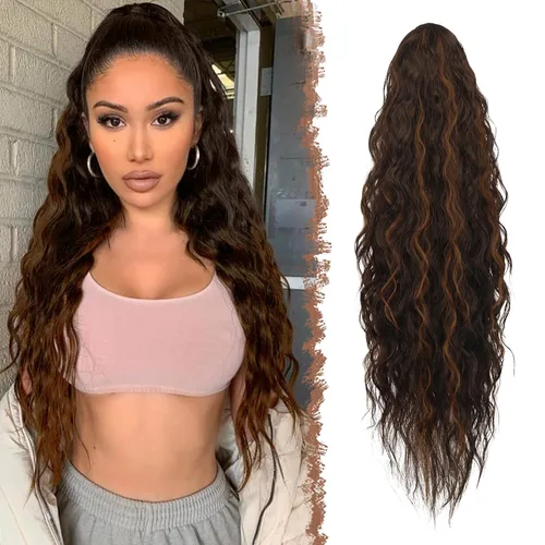 Miniatura 20 de FESHFEN Extensiones de cola de caballo – 26 pulgadas cordón largo rizado ondulado clip en colas de caballo pelo sintético extensiones de cola