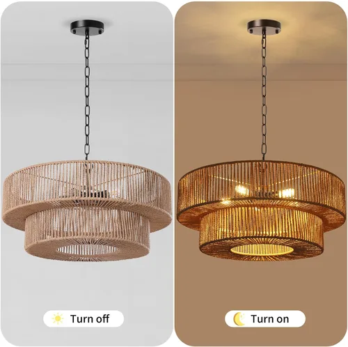 Miniatura 7 de LamQee Candelabros de Ratán Estilo Granja de 22 Pulgadas, Lámpara de Araña Boho de 5 Luces con Pantalla de Mimbre Tejida a Mano, Luces Colgantes