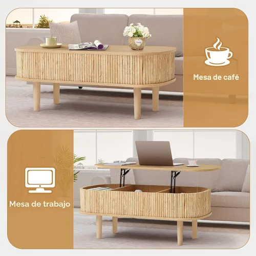 Miniatura 4 de Mesa de centro con parte superior acanalada totalmente montada con compartimento oculto, mesa central de madera, moderna mesa de elevación ovalada