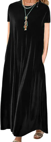 Miniatura 13 de Vestido de terciopelo para mujer, formal, casual, linda, cuello redondo, elegante, de manga corta, con bolsillo