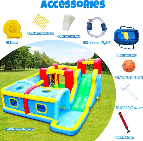 Miniatura 7 de WELLFUNTIME Parque inflable de tobogán acuático con soplador, castillo hinchable de 156 x 143 x 75 pulgadas con tobogán, escalada en roca, piscina