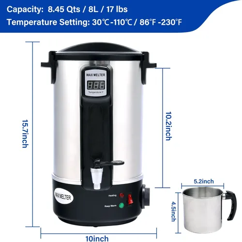 Miniatura 3 de TCFUNDY Olla para Derretir Cera para Hacer Velas 8.45Qts/17Lbs, Olla Eléctrica Antiadherente para Derretir Cera 8L, Kit DIY para Hacer Velas