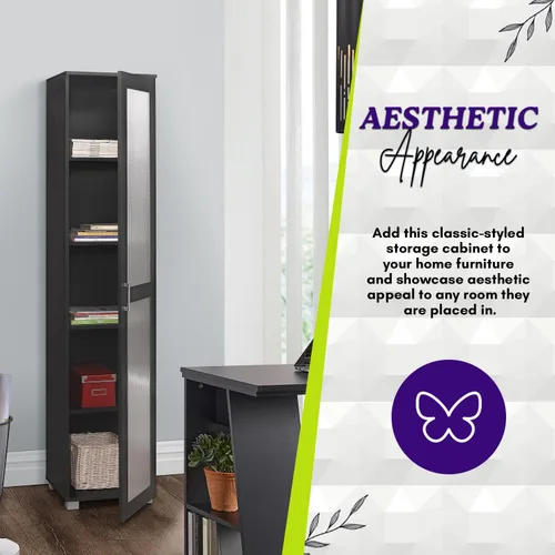 Miniatura 6 de Kings Brand Furniture Romero - Armario de almacenamiento alto Curio, estantería alta perfecta para sala de estar, cocina, dormitorio y oficina, Negro