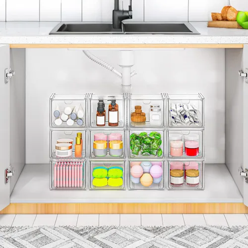Miniatura 7 de caktraie Paquete de 6 pequeños cajones apilables para baño, organizador de maquillaje acrílico para baño, contenedores de almacenamiento de plástico