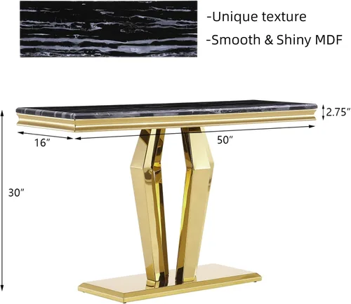 Miniatura 2 de ACEDCOR - Mesa consola moderna, mesa rectangular para sala de estar y entrada con base geométrica de espejo, negro dorado
