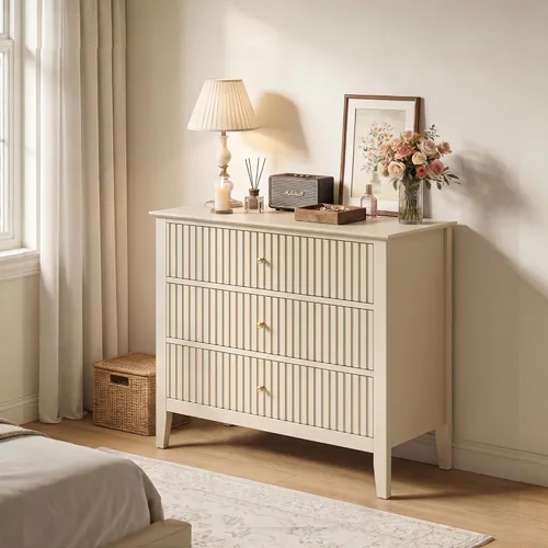 Miniatura 8 de RoyalCraft Cómoda Acanalada Beige de 3 Cajones, Cómoda de 32 Pulgadas de Ancho Mesita de Noche para Dormitorio, Cofre de Cajones de Madera Moderno