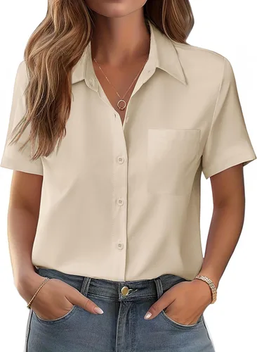 Miniatura 18 de Zeagoo Blusa de manga corta con botones para mujer, con bolsillo en el busto, para negocios, casual, para el trabajo, trajes de verano